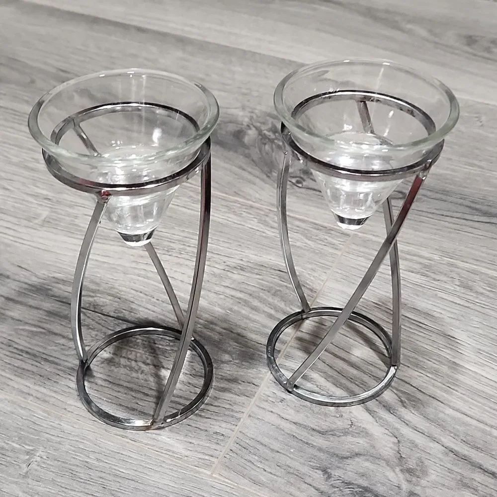 Art Deco Set of 2 Silver & Glass Tealight Candle Holder